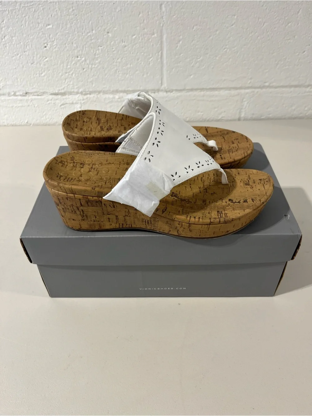 Vionic White Cork Wedge Thong Sandals